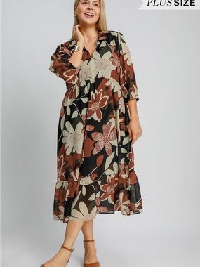 UMGEE Floral Midi Dress in Black and Brown - 1x